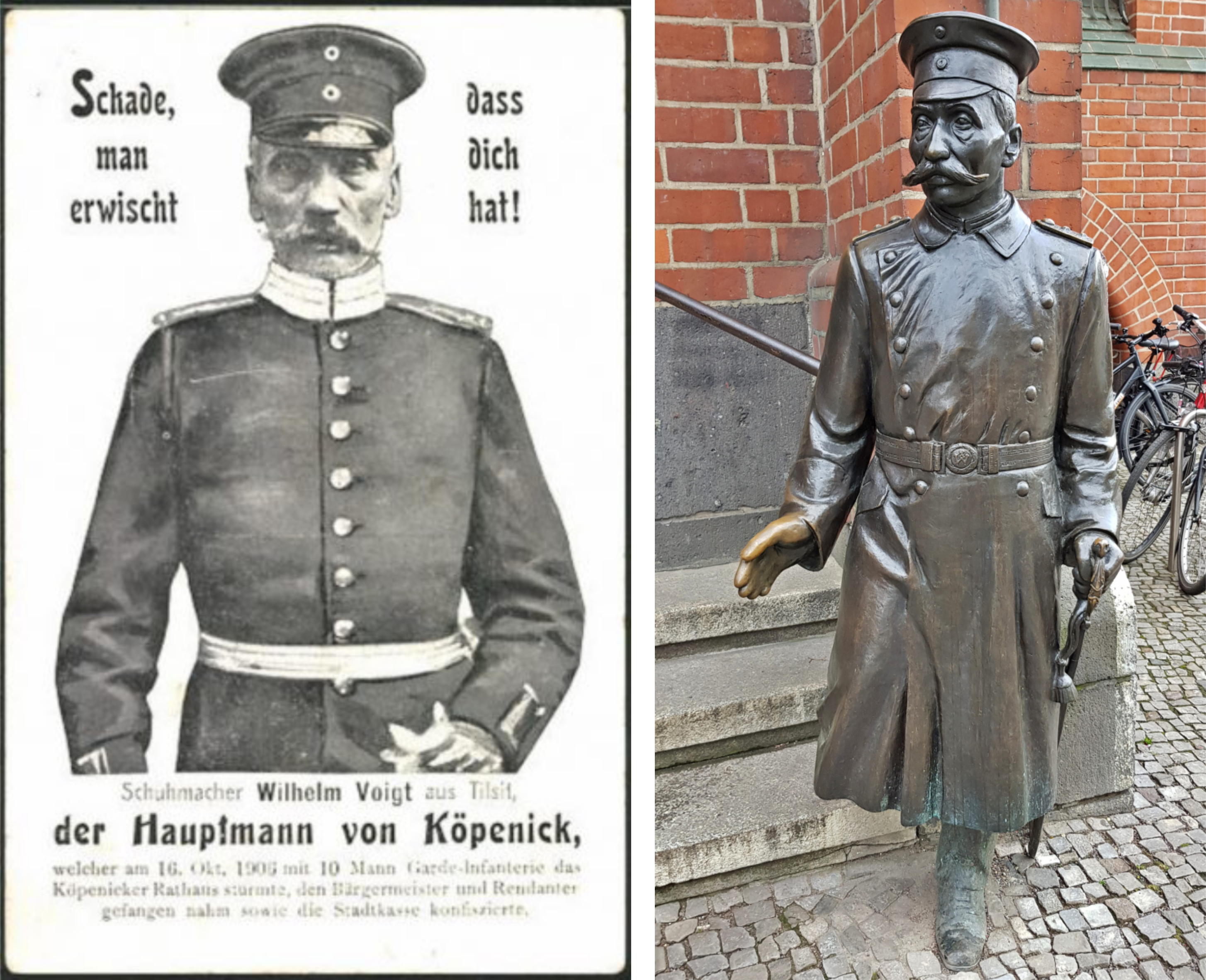 Zeitgenössische Karikatur und Skulptur des Hauptmanns von Köpenick vor dem Eingang zum Köpenicker Rathaus
