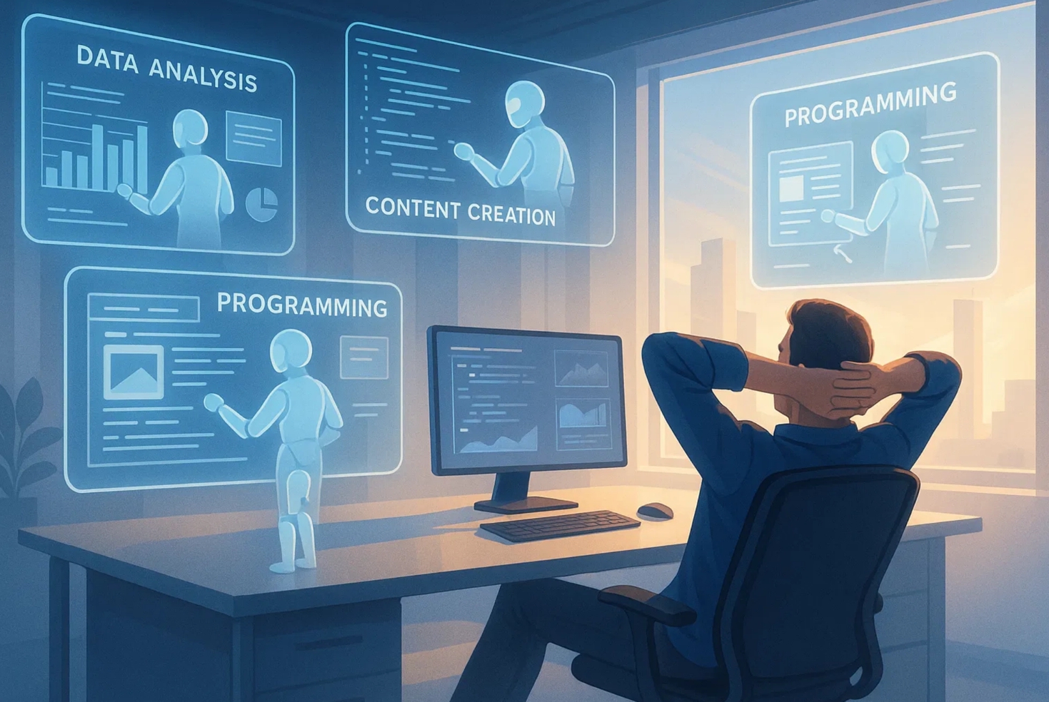 Illustration: Person am Computer mit verschiedenen KI-Anwendungsbereichen - Data Analysis, Content Creation und Programming